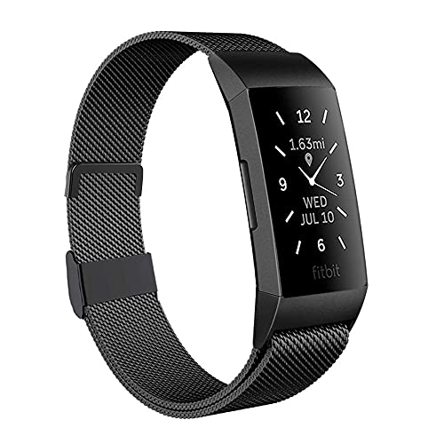 Moydolo Kompatibel mit Fitbit Charge 3 Armband/Charge 4 Armband, Damen Herren Metall Magnetschloss Einstellbare Edelstahl Ersatzarmband Armbänder mit Charge3/Charge 4/Charge 3 SE, Groß Schwarz von Moydolo