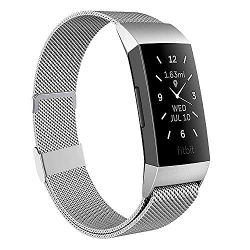 Moydolo Kompatibel mit Fitbit Charge 3 Armband/Charge 4 Armband, Damen Herren Metall Magnetschloss Einstellbare Edelstahl Ersatzarmband Armbänder mit Charge3/Charge 4/Charge 3 SE, Groß Silber von Moydolo