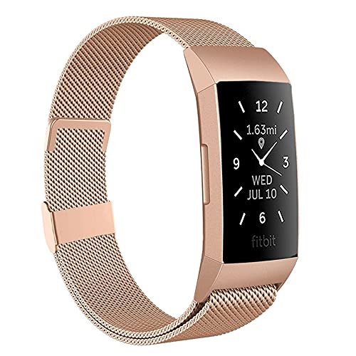 Moydolo Kompatibel mit Fitbit Charge 3 Armband/Charge 4 Armband, Damen Herren Metall Magnetschloss Einstellbare Edelstahl Ersatzarmband Armbänder mit Charge3/Charge 4/Charge 3 SE, Groß Roségold von Moydolo