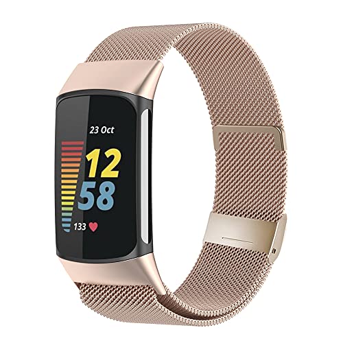 Moydolo Kompatibel mit Fitbit Charge 5 Armband, Damen Herren Metall Magnetschloss Einstellbare Edelstahl Ersatzarmband Armbänder mit Charge 5, Champagner von Moydolo