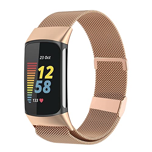 Moydolo Kompatibel mit Fitbit Charge 5 Armband, Damen Herren Metall Magnetschloss Einstellbare Edelstahl Ersatzarmband Armbänder mit Charge 5, Roségold von Moydolo