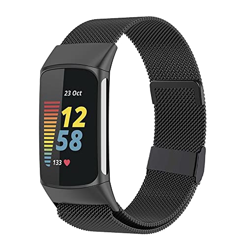 Moydolo Kompatibel mit Fitbit Charge 5 Armband, Damen Herren Metall Magnetschloss Einstellbare Edelstahl Ersatzarmband Armbänder mit Charge 5, Schwarz von Moydolo