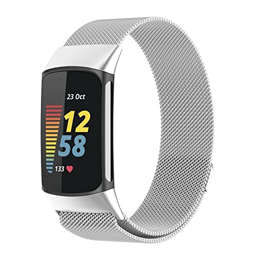 Moydolo Kompatibel mit Fitbit Charge 5 Armband, Damen Herren Metall Magnetschloss Einstellbare Edelstahl Ersatzarmband Armbänder mit Charge 5, Silber von Moydolo