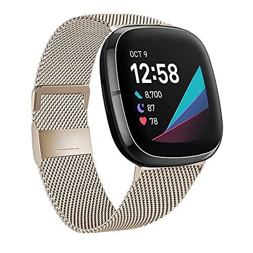 Moydolo Kompatibel mit Fitbit Versa 3 Armband Fitbit Sense Armband, Damen Herren Edelstahl Handgelenk Metall Ersatzband Armbänder Kompatibel für Fitbit Sense/Fitbit Versa 3, Groß, Champagner Gold von Moydolo