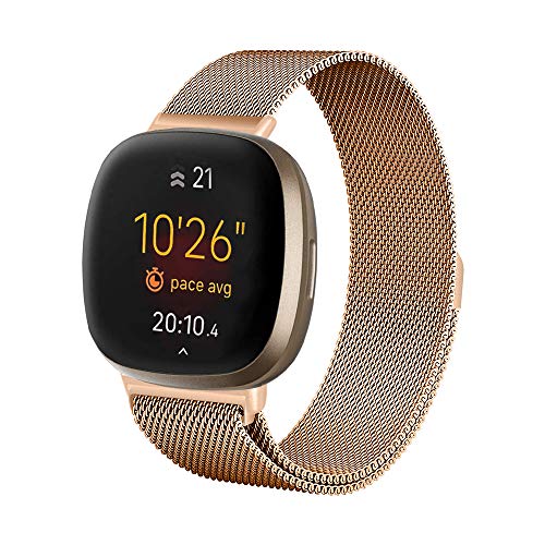 Moydolo Kompatibel mit Fitbit Versa 3 Armband Fitbit Sense Armband, Damen Herren Edelstahl Handgelenk Metall Ersatzband Armbänder Kompatibel für Fitbit Sense/Fitbit Versa 3, Groß, Roségold von Moydolo