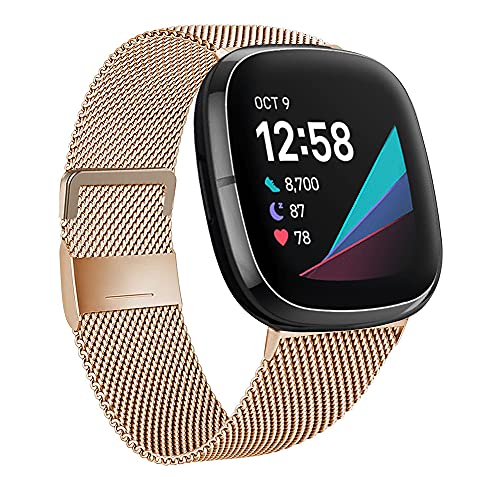 Moydolo Kompatibel mit Fitbit Versa 4 Armband/Fitbit Sense 2 Armband, Damen Herren Edelstahl Handgelenk Metall Ersatzband Armbänder Kompatibel für Fitbit Sense 2/Fitbit Versa 4, Groß, Roségold von Moydolo