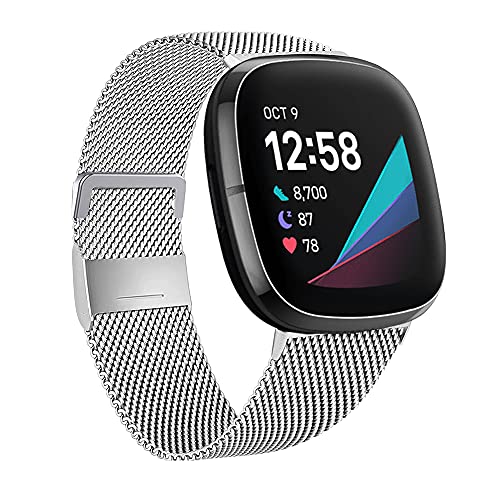 Moydolo Kompatibel mit Fitbit Versa 4 Armband/Fitbit Sense 2 Armband, Damen Herren Edelstahl Handgelenk Metall Ersatzband Armbänder Kompatibel für Fitbit Sense 2/Fitbit Versa 4, Groß, Silber von Moydolo