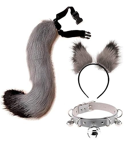 Faux Schwanz und Ohren Set Pelzimitat Fuchsschwanz Katzenohren Stirnband Leder Choker Kette Cosplay Glockenkragen Kostüm Party Verstellbaren Fox Wolf Tails Kit Grau von Moyubath