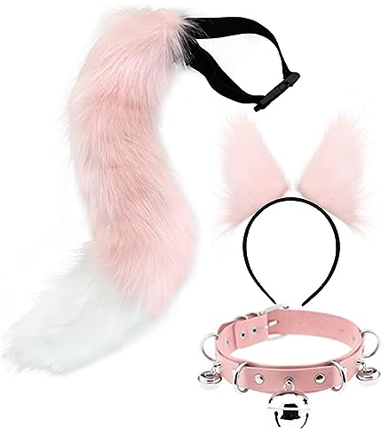 Faux Schwanz und Ohren Set Pelzimitat Fuchsschwanz Katzenohren Stirnband Leder Choker Kette Cosplay Glockenkragen Kostüm Party Verstellbaren Fox Wolf Tails Kit (Rosa) von Moyubath