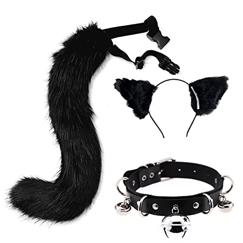 Faux Schwanz und Ohren Set Pelzimitat Fuchsschwanz Katzenohren Stirnband Leder Choker Kette Cosplay Glockenkragen Kostüm Party Verstellbaren Fox Wolf Tails Kit (Schwarz) von Moyubath