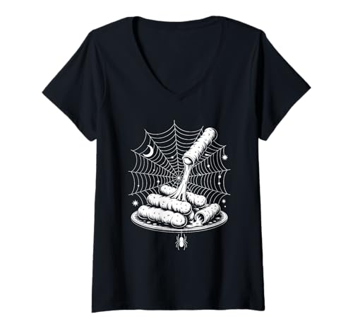 Damen Halloween Spinnennetz Mozzarella Sticks T-Shirt mit V-Ausschnitt von Mozarella Sticks Snack Lover Gifts