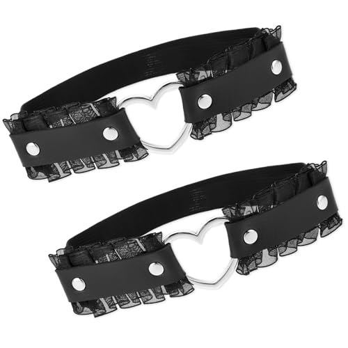 4 Stück Strumpfband Schwarz, Harness Strumpfhalter Damen Verstellbare Leder Harness für Frauen Strumpfgürtel Festival Rave Outfit Damen Harness Herzform Spitze Gothic Oberschenkel Strumpfband von Mozeat Lens