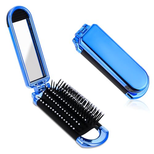 Mini-Reise-Haarbürste, kleine faltbare Haarbürste, kompakte Haarbürste mit Spiegel Nylonborsten für Frauen und Männer, tragbarer Kamm im Taschenformat fürs Auto, Sporttasche, Handtasche (Galvanikblau) von Mozeat Lens