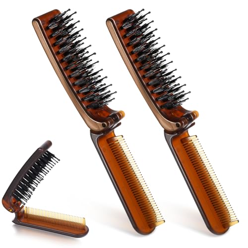 Reisegröße Haarbürste, 2 Stück Klappbare Tragbare Tasche-Nylonborsten-Haarbürste mit Feinzahnkamm Mini Faltbare Haarbürste für Männer und Frauen Trocken Nass Dick Dünn Lockig Glatt - Bernstein von Mozeat Lens