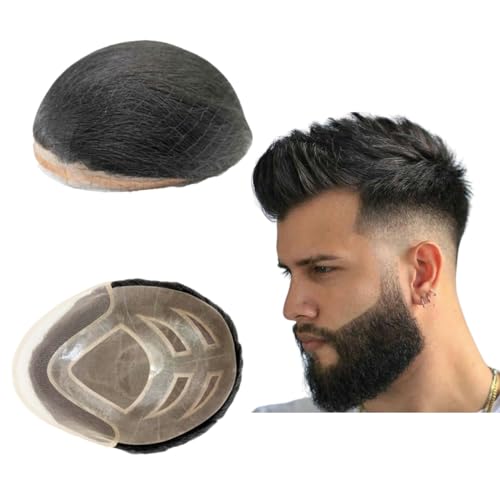 FPM Toupee Für Männer Haarteile 10x8" Männer Toupee Menschliches Haar Ersatzsystem für Männer Haarprothese Männer Haar Patch Units Implant für Männer (#1B Off Black) von Mprosthesis