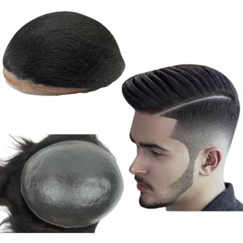 PU Haut Toupee Für Männer Haarteile 10x8" Männer Toupee Menschliches Haar Ersatz System 0.04mm Denken Haut Haar Prothese Männer Haar Patch Units Implant für Männer (#1 Jet Black) von Mprosthesis