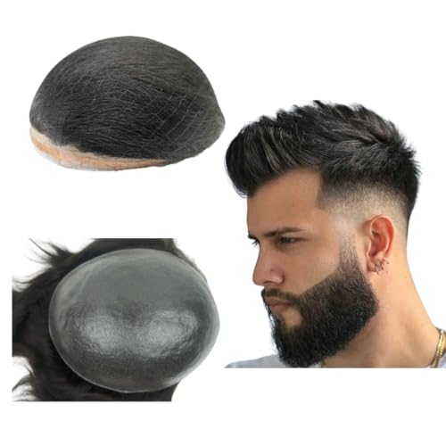 PU Haut Toupee Für Männer Haarteile 10x8" Männer Toupee Menschliches Haar Ersatz System 0.04mm Denken Haut Haar Prothese Männer Haar Patch Units Implant für Männer (#1b Off Black) von Mprosthesis