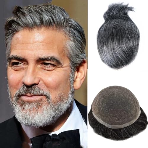 Mprosthesis Toupee Für Männer - Echthaar Perücke mit Schweizer Spitze - 10" x 8" - Wellig - 110% Dichte - Hitzebeständig - #1B40 60% Schwarz + 40% Weiß von Mprosthesis