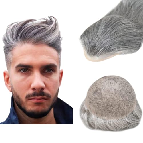 Toupee Für Männer Haarteile Weiche Schweizer Spitze 10x8" Toupee Menschliches Haar Ersatz System für Haarprothese Haar Patch Units Implant für Männer (#1B80 20% Black +80% White) von Mprosthesis