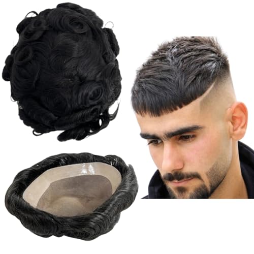 Toupee für Männer Mens Haar Mens Toupee Mono Base mit NPU Rund um Haareinheiten Lockige Welle Mens Perücken Toupee Haar Echtes menschliches Ersatzsystem für Mann Freestyle Natürliche Perücke (7x9") von Mprosthesis