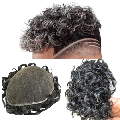 Toupet Für Männer Haarteile Weiche Schweizer Spitze 10x8" Toupet 10mm gewellte Menschliches Haar Ersatz System für Haarprothese Männer Haar Patch Units (#1B20 80% Schwarz + 20% Weiß) von Mprosthesis