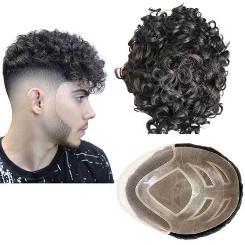 Toupet für Männer Menschhaarperücken Mens Toupee European Virgin Human Hair Units Lockige Welle Mens Perücke Toupee Haar Echtes menschliches Ersatzsystem für Mann FPM Patch (8x10") (#1B Off Black) von Mprosthesis