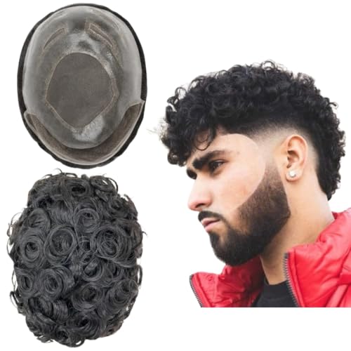 Toupet für Männer Menschhaarperücken Mens Toupet European Virgin Human Hair Units Lockige Welle Mens Perücke Toupet Haar Echtes menschliches Ersatzsystem für Mann FPM Patch (8x10") (#1B Off Black) von Mprosthesis