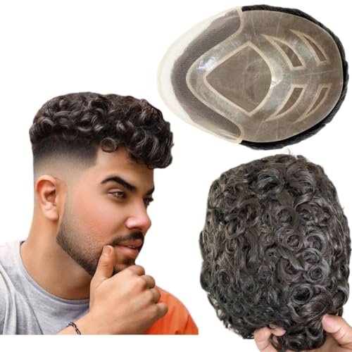 Toupet für Männer Menschhaarperücken Mens Toupee European Virgin Human Hair Units Lockige Welle Mens Perücke Toupee Haar Echtes menschliches Ersatzsystem für Mann FPM Patch (8x10") (#2 Dunkelbraun) von Mprosthesis