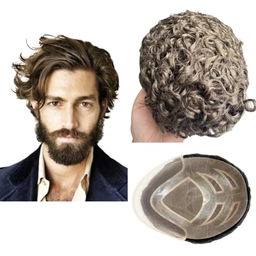 Toupet für Männer Menschhaarperücken Mens Toupee European Virgin Human Hair Units Lockige Welle Mens Perücke Toupee Haar Echtes menschliches Ersatzsystem für Mann FPM Patch (8x10") (#4 Hellbraun) von Mprosthesis