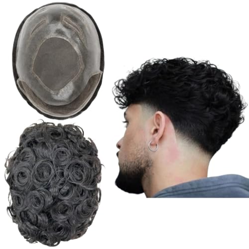 Toupet für Männer Menschhaarperücken Mens Toupet European Virgin Human Hair Units Lockige Welle Mens Perücke Toupet Haar Echtes menschliches Ersatzsystem für Mann FPM Patch (8x10") (#1 Jet Black) von Mprosthesis