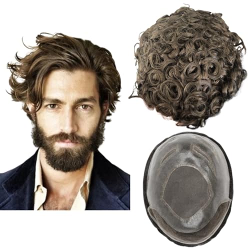 Toupet für Männer Menschhaarperücken Mens Toupet European Virgin Human Hair Units Lockige Welle Mens Perücke Toupet Haar Echtes menschliches Ersatzsystem für Mann FPM Patch (8x10") (#4 Hellbraun) von Mprosthesis