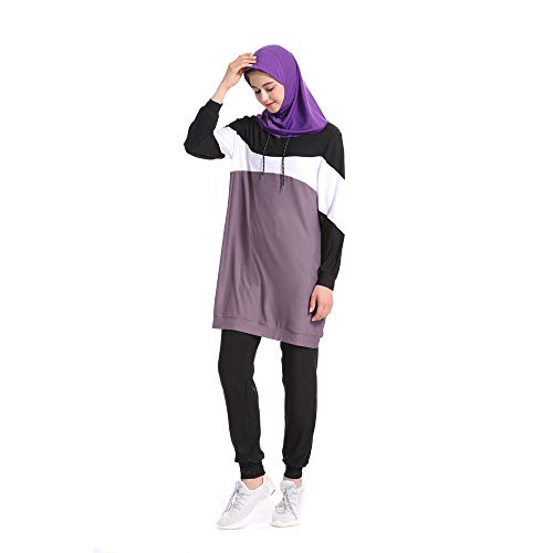 Mr Lin123 Trainingsanzug für Frauen, muslimische Sportbekleidung, muslimische Teenager, Mädchen, gestreift, lange Ärmel, Sweatshirt, Hose, islamische Loungewear, 2 Stück, violett, 38 von Mr Lin123