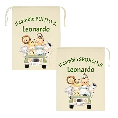 Mr. Gadgets Set mit 2 personalisierten Kindergartenbeutel mit Namen - schmutzig & sauber - verschiedene Größen 25 x 30 cm oder 30 x 40 cm - Wechsel für Kinder Schule Kindergarten, Auto Safari, M 20x30 von Mr. Gadgets