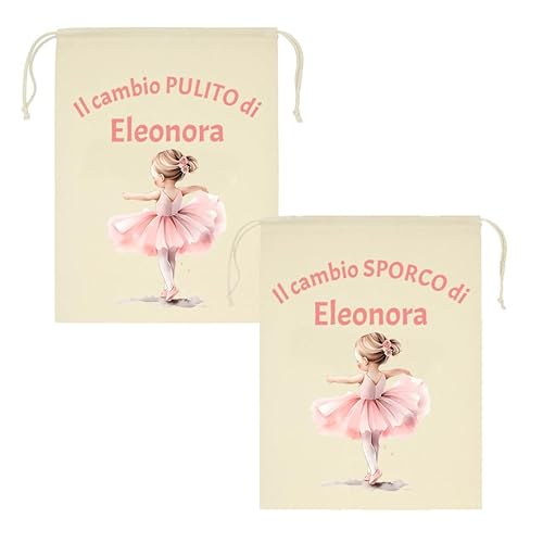 Mr. Gadgets Set mit 2 personalisierten Kindergartenbeutel mit Namen - schmutzig & sauber - verschiedene Größen 25 x 30 cm oder 30 x 40 cm - Wechsel für Kinder Schule Kindergarten, Ballerina, M 20x30 von Mr. Gadgets