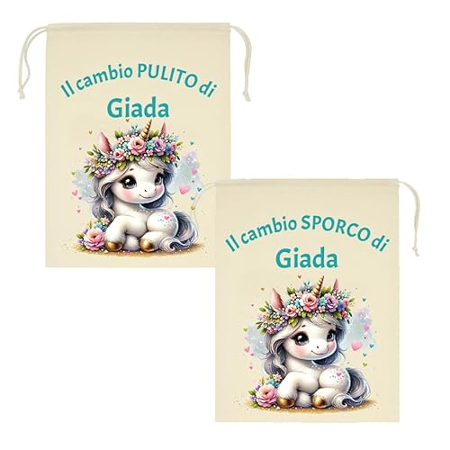 Mr. Gadgets Set mit 2 personalisierten Kindergartenbeutel mit Namen - schmutzig & sauber - verschiedene Größen 25 x 30 cm oder 30 x 40 cm - Wechsel für Kinder Schule Kindergarten, Einhorn, L 30x40 Cm von Mr. Gadgets