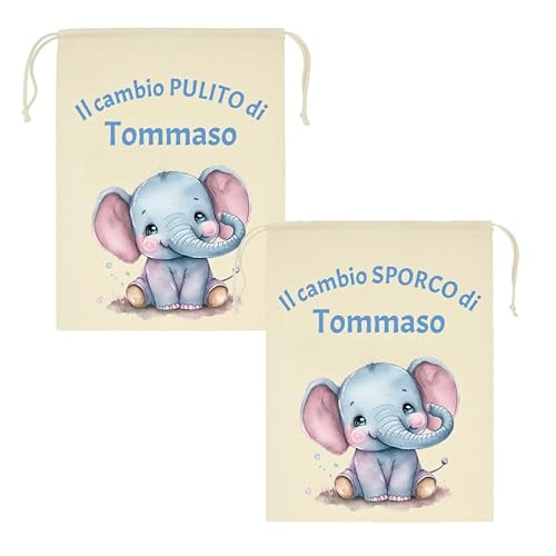 Mr. Gadgets Set mit 2 personalisierten Kindergartenbeutel mit Namen - schmutzig & sauber - verschiedene Größen 25 x 30 cm oder 30 x 40 cm - Wechsel für Kinder Schule Kindergarten, Elefant, M 20x30 Cm von Mr. Gadgets