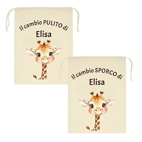 Mr. Gadgets Set mit 2 personalisierten Kindergartenbeutel mit Namen - schmutzig & sauber - verschiedene Größen 25 x 30 cm oder 30 x 40 cm - Wechsel für Kinder Schule Kindergarten, Giraffe, L 30x40 Cm von Mr. Gadgets