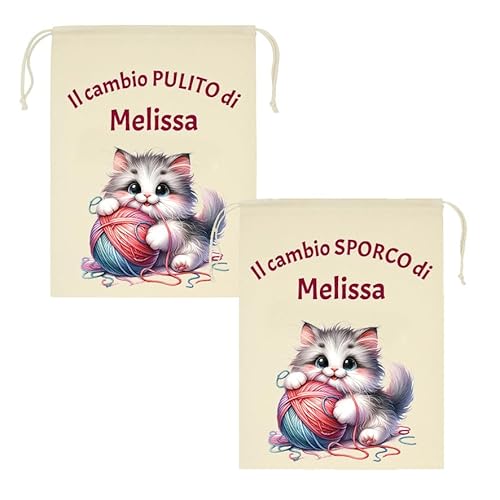 Mr. Gadgets Set mit 2 personalisierten Kindergartenbeutel mit Namen - schmutzig & sauber - verschiedene Größen 25 x 30 cm oder 30 x 40 cm - Wechsel für Kinder Schule Kindergarten, Katze, M 20x30 Cm von Mr. Gadgets