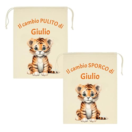 Mr. Gadgets Set mit 2 personalisierten Kindergartenbeutel mit Namen - schmutzig & sauber - verschiedene Größen 25 x 30 cm oder 30 x 40 cm - Wechsel für Kinder Schule Kindergarten, Tiger, M 20x30 Cm von Mr. Gadgets