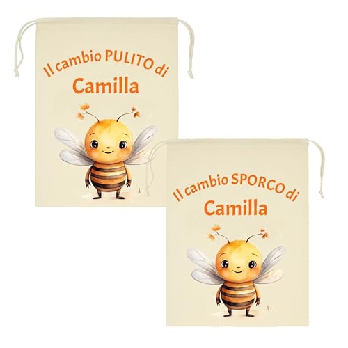 Mr. Gadgets Set mit 2 personalisierten Kindergartenbeutel mit Namen - schmutzig & sauber - verschiedene Größen 25 x 30 cm oder 30 x 40 cm - Wechsel für Kinder Schule Kindergarten, biene, M 20x30 Cm von Mr. Gadgets