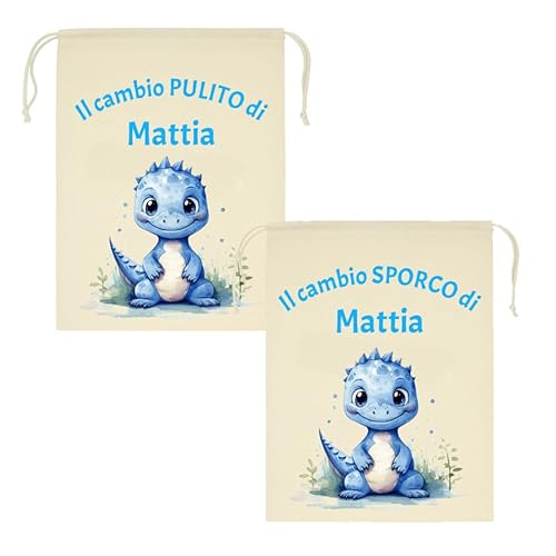 Mr. Gadgets Set mit 2 personalisierten Kindergartenbeutel mit Namen - schmutzig & sauber - verschiedene Größen 25 x 30 cm oder 30 x 40 cm - Wechsel für Kinder Schule Kindergarten, drachen, L 30x40 Cm von Mr. Gadgets