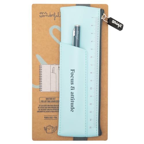 Mr. Wonderful - Blaues Schreibset - Focus & Attitude - Kleines Federmäppchen aus PU - Mit einem Gummiband auf der Rückseite, Mehrfarbig, schreibset von Mr. Wonderful