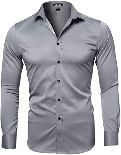 Mr. right Herren Bambus Faser Business Hemden Slim Fit Solide Langarm Beiläufigl Button Down Hemd Klassische Elastische Formale Hemden Für Männer (Grau, S) von Mr. right