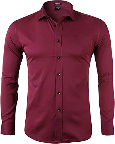 Vecys Herren Unifarbenes langärmeliges Hemd Business Schlank Fit Hemd Bügelleichtes Anti-Knitter-Hemd Herren Hemden aus Bambusfaser für Männer Stretch-Langarm-Shirt(Rot,XL) von Vecys