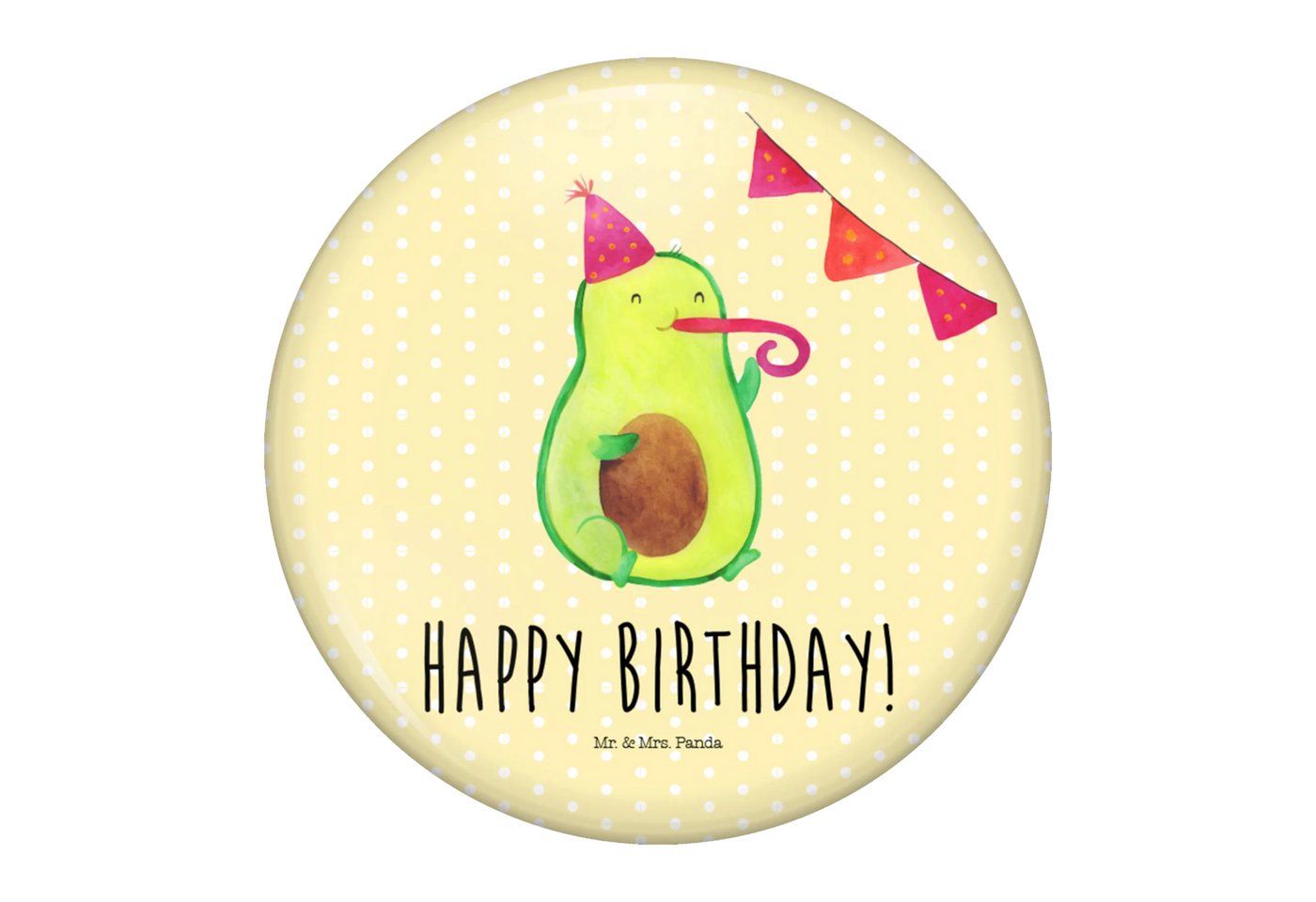 Mr. & Mrs. Panda Anstecknadel Avocado Geburtstag - Gelb Pastell - Geschenk, Gesund, Vereinsbutton 5 (Packung, 1-tlg., 50mm Button Avocado Birthday), Edles Erscheinungsbild von Mr. & Mrs. Panda