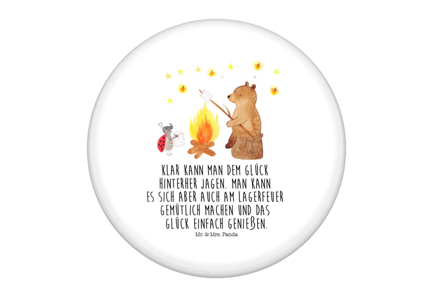 Mr. & Mrs. Panda Anstecknadel Bär & Marienkäfer Lagerfeuer - Weiß - Geschenk, Button-Sujet 50 mm, B (Packung, 1-tlg., 50mm Button Bär & Marienkäfer Lagerfeuer), Stabile Anstecknadel von Mr. & Mrs. Panda