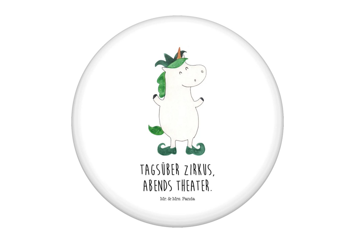 Mr. & Mrs. Panda Anstecknadel Einhorn Joker - Weiß - Geschenk, Runde Buttons 50 mm, Hofnarr, Festiv (Packung, 1-tlg., 50mm Button Einhorn Joker), Charmante Sprüche von Mr. & Mrs. Panda