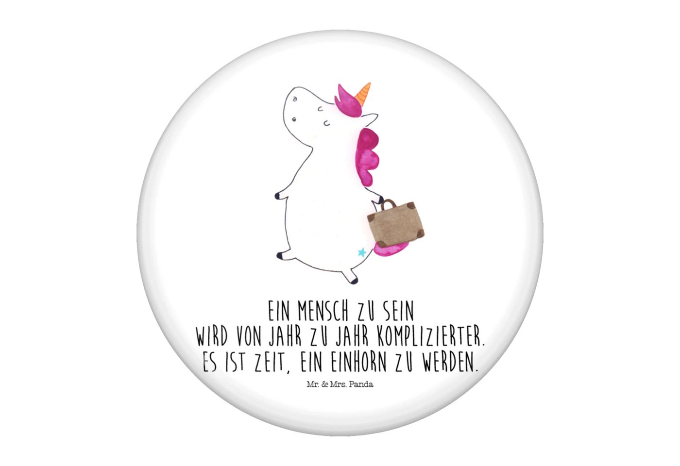 Mr. & Mrs. Panda Anstecknadel Einhorn Koffer - Weiß - Geschenk, Button-Motiv 50 mm, Eventbutton 50 (Packung, 1-tlg., 50mm Button Einhorn Koffer), Edles Erscheinungsbild von Mr. & Mrs. Panda