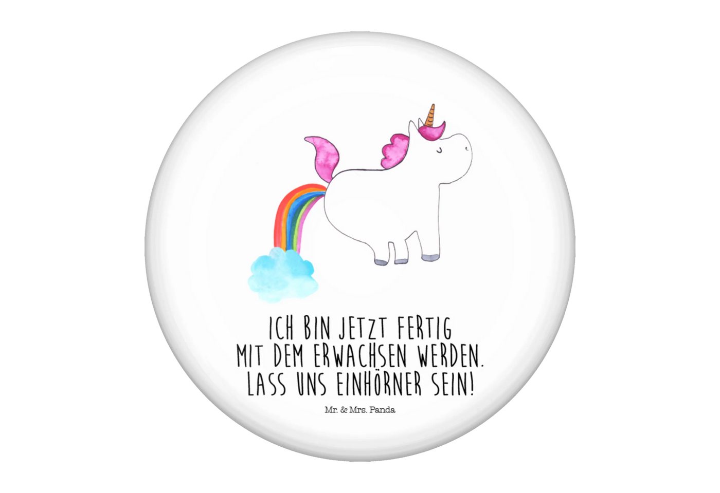 Mr. & Mrs. Panda Anstecknadel Einhorn Pupsen - Weiß - Geschenk, Button-Emblem 50 mm, Ansteckbutton (Packung, 1-tlg., 50mm Button Einhorn Pupsend), Einzigartige Designs von Mr. & Mrs. Panda