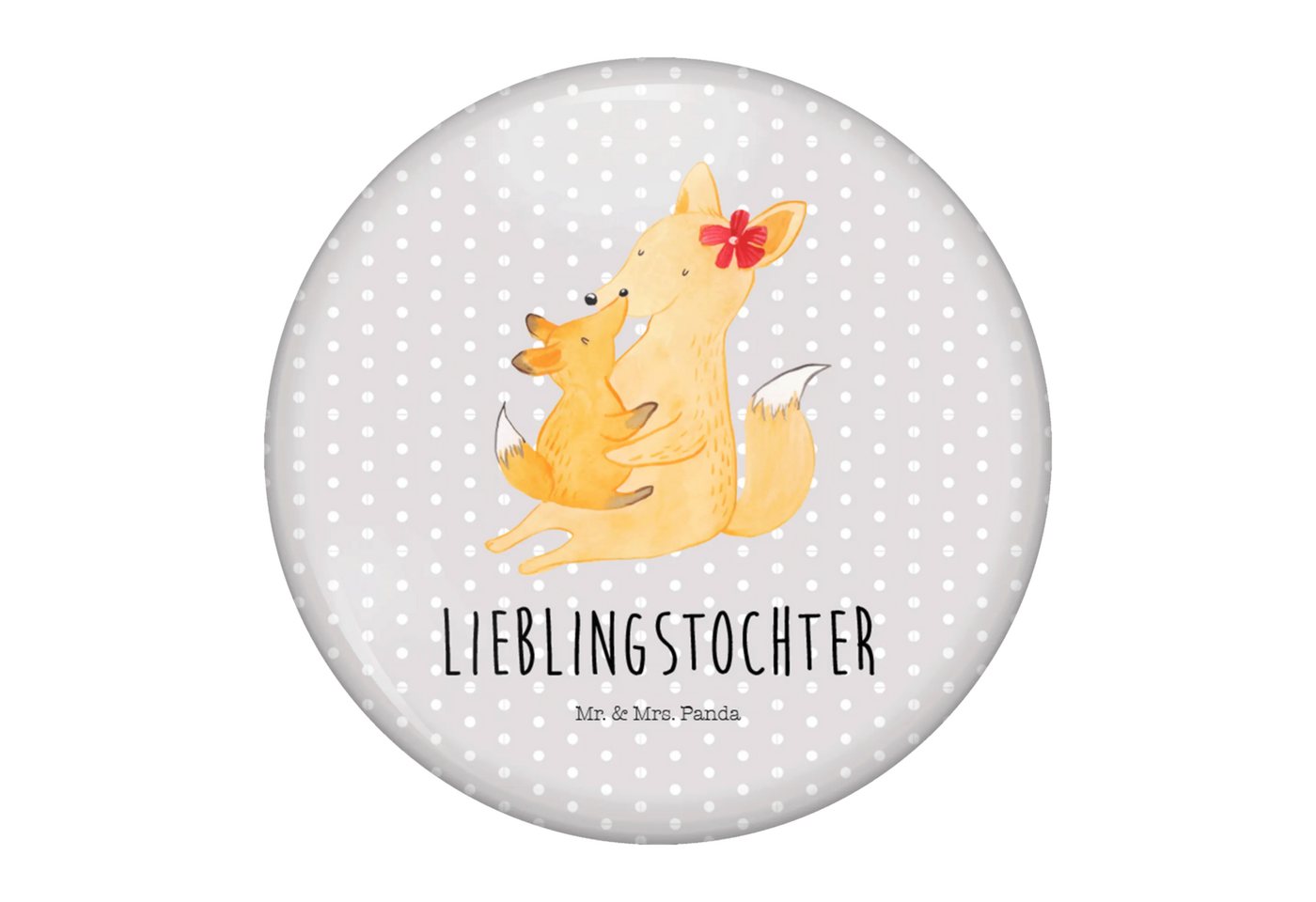 Mr. & Mrs. Panda Anstecknadel Fuchs Mama - Grau Pastell - Geschenk, Familie, Mutter, Button-Sujet 5 (Packung, 1-tlg., 50mm Button Fuchs Mama & Kind), Edles Erscheinungsbild von Mr. & Mrs. Panda